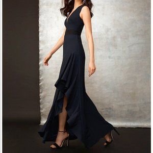 ML Monique Lhuillier Navy Ruffle Crepe Gown, S?